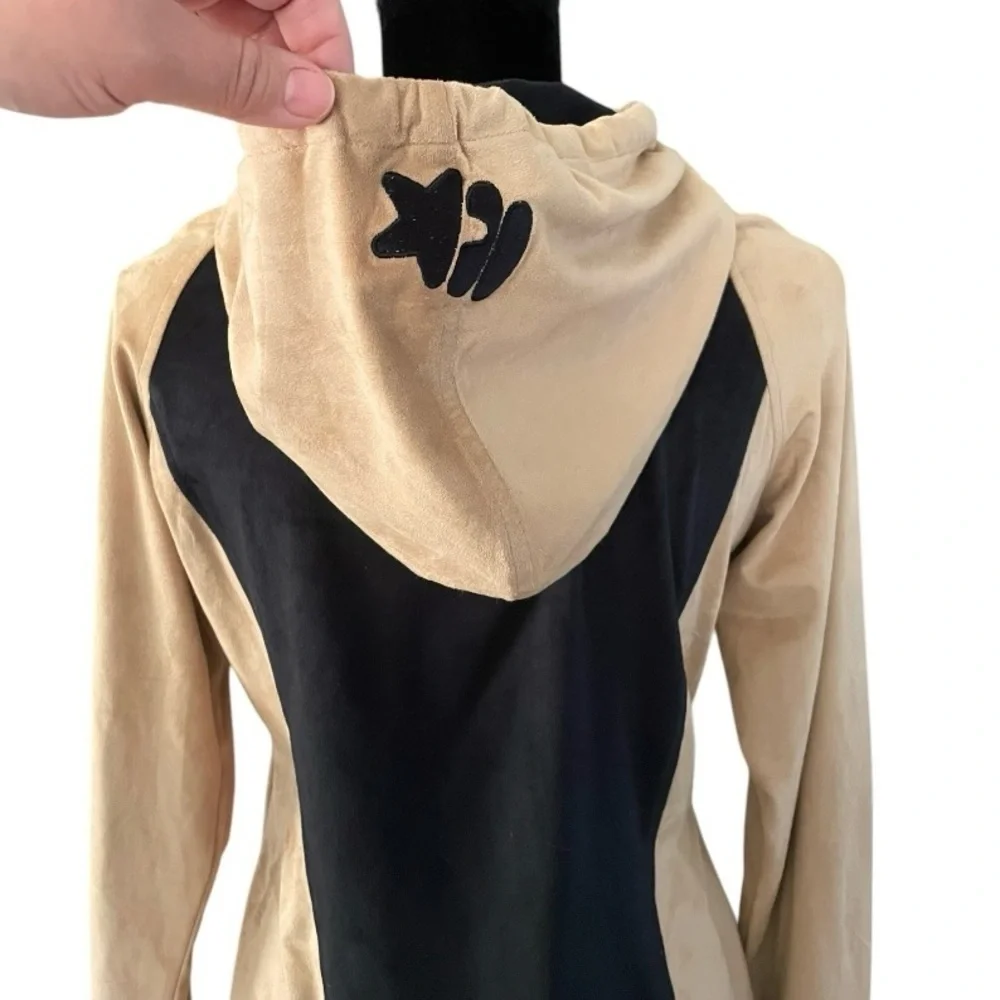 MECCA FEMME Tan & Black Stretchy Faux Suede Hoodie Dress size L Y2K 90’s vintage